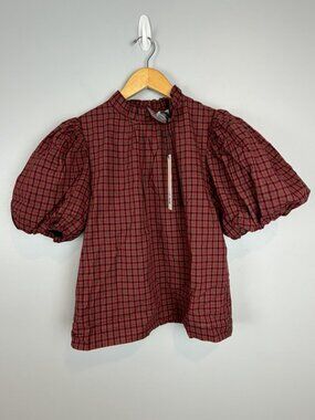 Pinch Women Red Puff Sleeve Cotton Top Size Small Mock Neck Check Print NWT